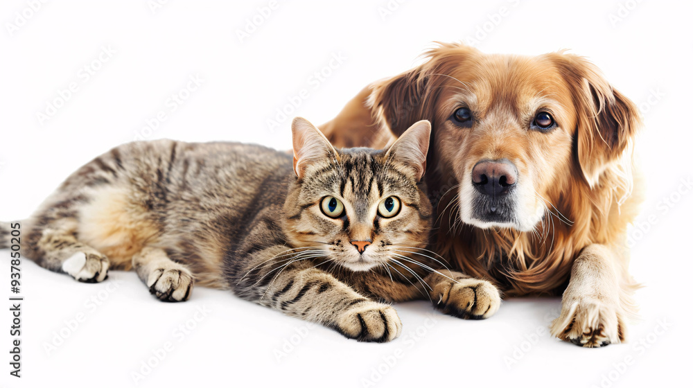 Portrait of a dog and a cat on a white background, isolated in a studio setting, representing domestic pets and friendship Portrait of a dog and a cat on a white background, isolated in a studio setting, representing domestic pets and friendship