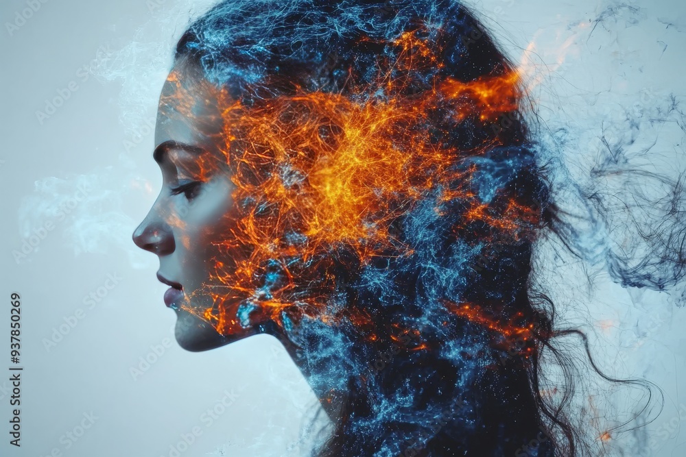 A woman with a fiery neural explosion on her head symbolizing the intense power of thought creativity and intellectual energy in a vibrant artistic depiction of cognitive dynamics A woman with a fiery neural explosion on her head symbolizing the intense power of thought creativity and intellectual energy in a vibrant artistic depiction of cognitive dynamics