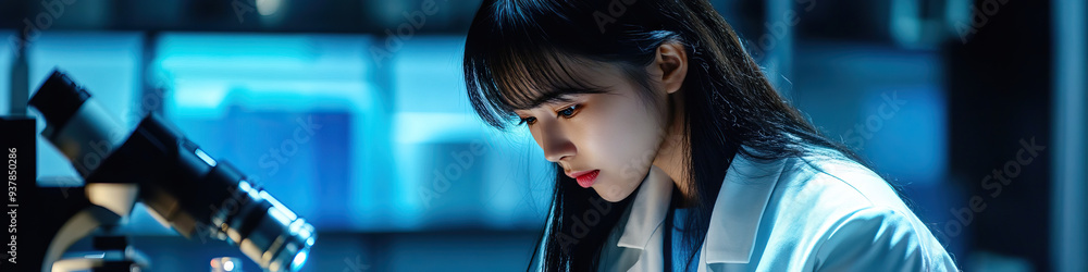 Asian female scientist in a lab coat, looking at a microscope. Asian female scientist in a lab coat, looking at a microscope.