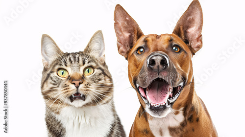 Portrait of a dog and a cat on a white background, isolated in a studio setting, representing domestic pets and friendship