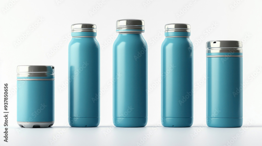 Row of five blue reusable water bottles standing on white background Row of five blue reusable water bottles standing on white background