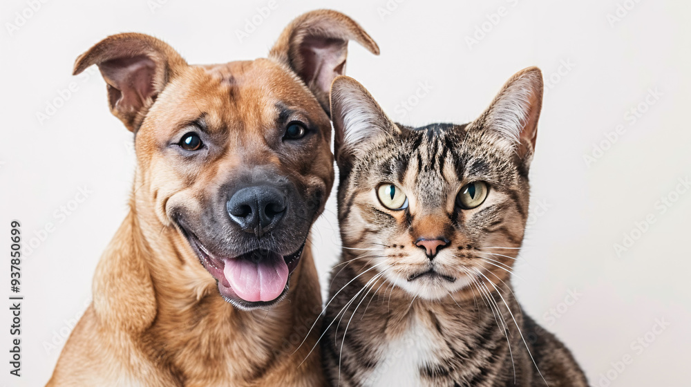 Fototapeta premium Portrait of a dog and a cat on a white background, isolated in a studio setting, representing domestic pets and friendship
