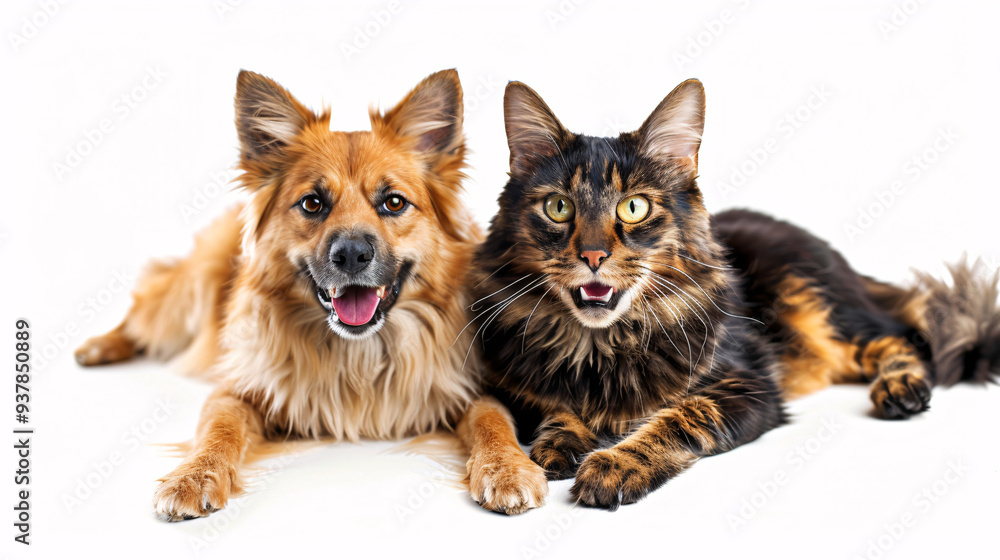 Portrait of a dog and a cat on a white background, isolated in a studio setting, representing domestic pets and friendship Portrait of a dog and a cat on a white background, isolated in a studio setting, representing domestic pets and friendship