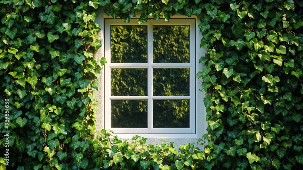 White window covered with green ivy Concepts of conservation and adaptation to coexist with nature : Generative AI White window covered with green ivy Concepts of conservation and adaptation to coexist with nature : Generative AI