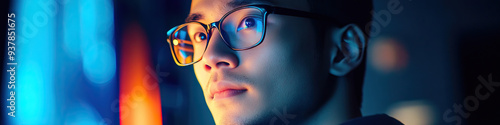 Asian male engineer wearing glasses, working on a computer.