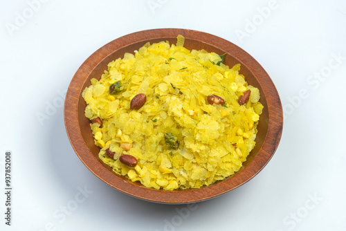 High angle studio shot of popular Indian Breakfast and Snack Nylon Chivda photo