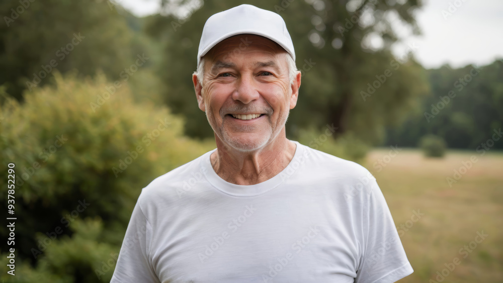 Senior man wearing white t-shirt and white baseball cap standing in nature Senior man wearing white t-shirt and white baseball cap standing in nature