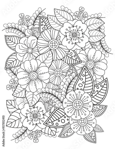 Black and white flower pattern for adult coloring book. Doodle floral drawing. Art therapy coloring page. Black and white flower pattern for adult coloring book. Doodle floral drawing. Art therapy