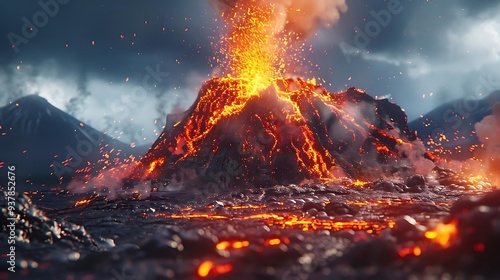 A volcanic eruption with lava flowing and ash clouds in a dramatic landscape.