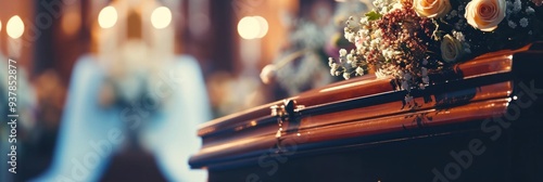 closeup shot of a casket in a hearse or chapel before funeral or burial at cemetery on a background with copy space.