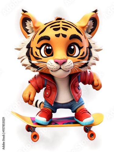 Little tiger on skateboard, 3D style, transparent background.