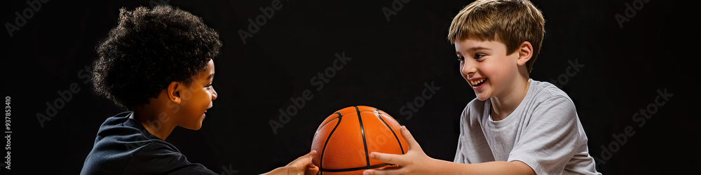 Young African American boy teaching his Caucasian friend how to play basketball. Young African American boy teaching his Caucasian friend how to play basketball.