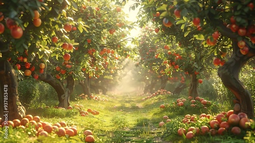 A serene orchard path lined with apple trees, creating a tranquil and vibrant atmosphere.