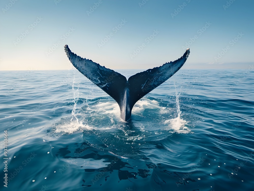 Fototapeta premium Majestic Blue Whale s Tail Breaking Through the Serene Ocean Surface
