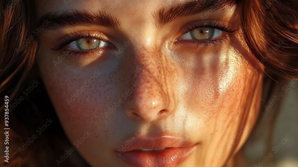 Fototapeta premium Natural young woman with clean skin in sunlight with shadows on face Beauty closeup of a brunette girl Skincare glow cosmetics and self care concept : Generative AI