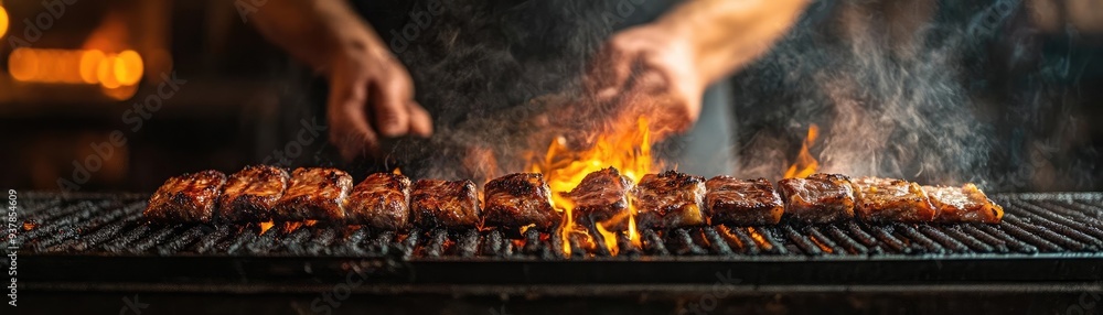 A chef grilling meats at a barbecue, turning and basting them, illustrating the skill in achieving the perfect char and flavor A chef grilling meats at a barbecue, turning and basting them, illustrating the skill in achieving the perfect char and flavor
