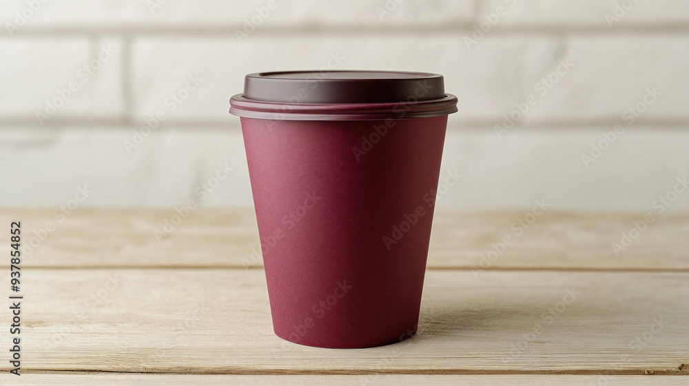 Red paper coffee cup standing on wooden table with white brick background Red paper coffee cup standing on wooden table with white brick background