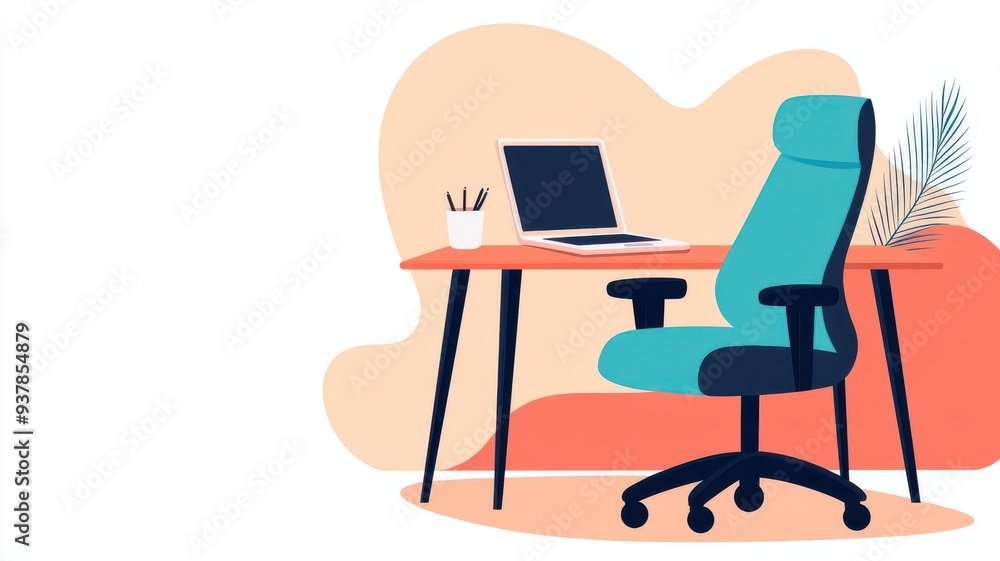 Fototapeta premium Modern workspace featuring a stylish chair and laptop on a desktop, perfect for home or office productivity.