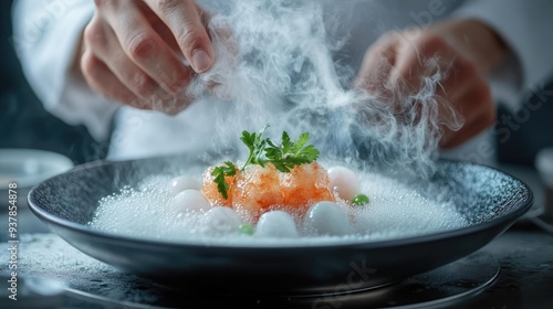 A chef preparing a dish using molecular gastronomy techniques, such as spherification or foams, highlighting innovation in modern cooking