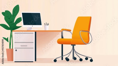 Wallpaper Mural Bright and modern office setup featuring an orange chair, desk, computer, and plant, perfect for creative workspaces. Torontodigital.ca