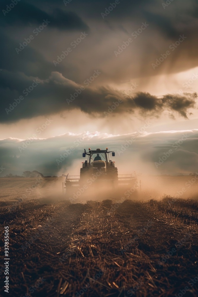 Fototapeta premium A tractor plows through a green field on a cloudy day