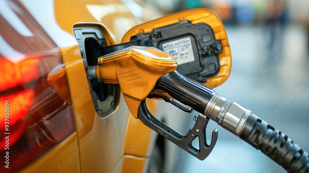 Yellow gasoline nozzle inserted in car fuel tank being filled Yellow gasoline nozzle inserted in car fuel tank being filled