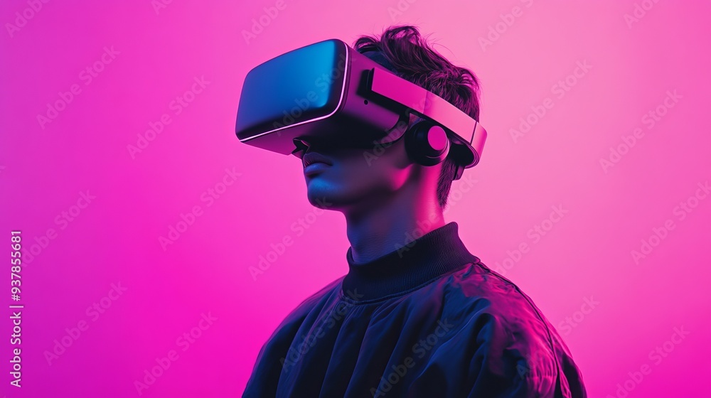 A person wearing a VR headset against a vibrant pink background, highlighting technology and immersive experiences. A person wearing a VR headset against a vibrant pink background, highlighting technology and immersive experiences.