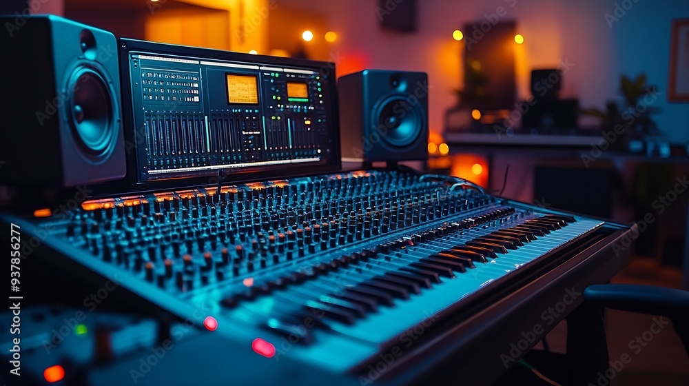 Empty studio at home equipped with mixing soundboard panel and other musical instruments music industry recording Modern space with electronic controls and daw software on pc Camera A : Generative AI Empty studio at home equipped with mixing soundboard panel and other musical instruments music industry recording Modern space with electronic controls and daw software on pc Camera A : Generative AI