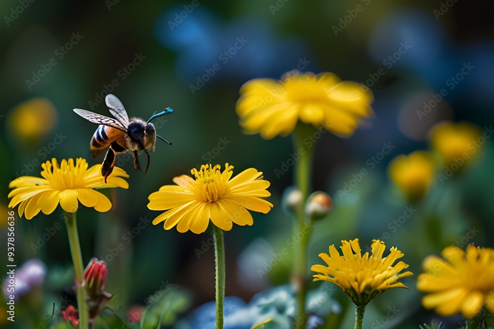 A bee gracefully hovers above a vibrant field filled with blooming yellow flowers under a clear blue sky. A bee gracefully hovers above a vibrant field filled with blooming yellow flowers under a clear blue sky.