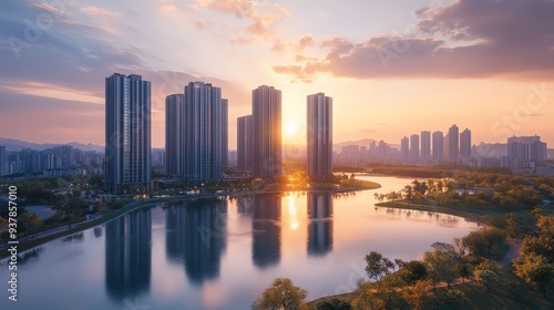 Wallpaper Mural Capture a panoramic view of a modern cityscape at sunset, seamlessly blending nature and architecture with a serene balance Torontodigital.ca