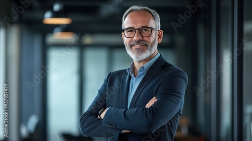 Confident and professional mature businessman in an office setting, arms crossed, high-quality portrait