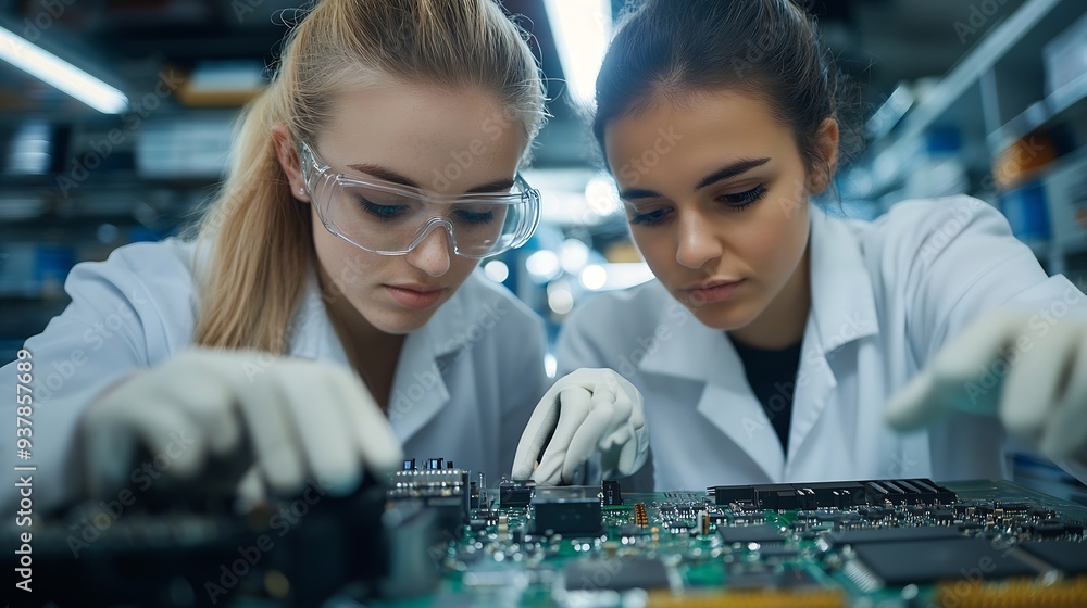 Two female engineers working with computer chips in electronics lab : Generative AI Two female engineers working with computer chips in electronics lab : Generative AI