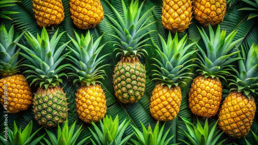 Vibrant yellow ripe pineapple arranged in a pattern, filling the entire frame, creating a warm and inviting background with lush green leaves. Vibrant yellow ripe pineapple arranged in a pattern, filling the entire frame, creating a warm and inviting background with lush green leaves.