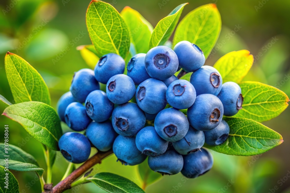 Fresh huckleberries cluster on a lush green twig, showcasing their plump, juicy, and vibrant blue skin, surrounded by delicate leaves, evoking a sense of summer freshness. Fresh huckleberries cluster on a lush green twig, showcasing their plump, juicy, and vibrant blue skin, surrounded by delicate leaves, evoking a sense of summer freshness.