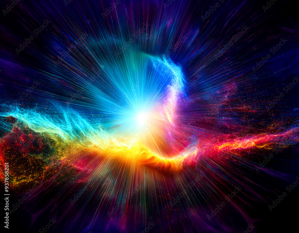 Fototapeta premium abstract cosmic background with rays in blue, orange, purple, yellow hues