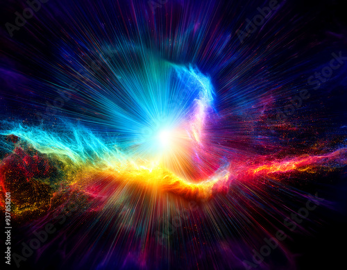 abstract cosmic background with rays in blue, orange, purple, yellow hues