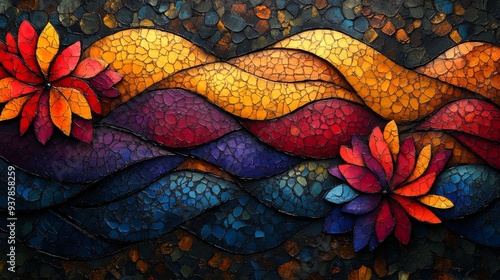 A mesmerizing mosaic artwork portraying fluid waves with intricate details and warm-colored flowers, symbolizing harmony, beauty, and the flow of nature in artistic form.