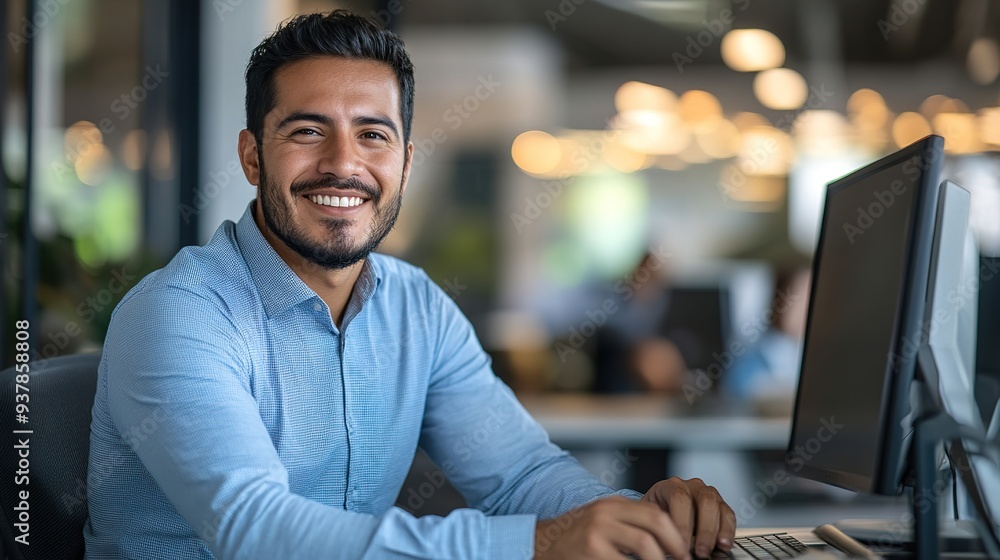 Confident Hispanic businessman working on data analysis in a modern office, smiling at the camera Confident Hispanic businessman working on data analysis in a modern office, smiling at the camera