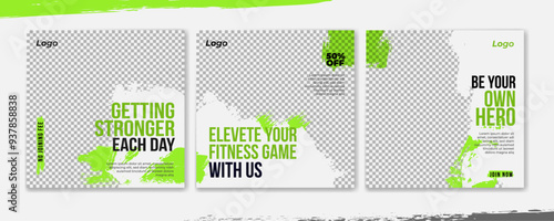 Fitness gym social media post template, set of workout sports banner 