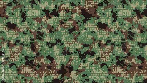 Military pixel flecktarn camouflage green grey woodland camo texture pattern horizontal banner illustration wallpaper