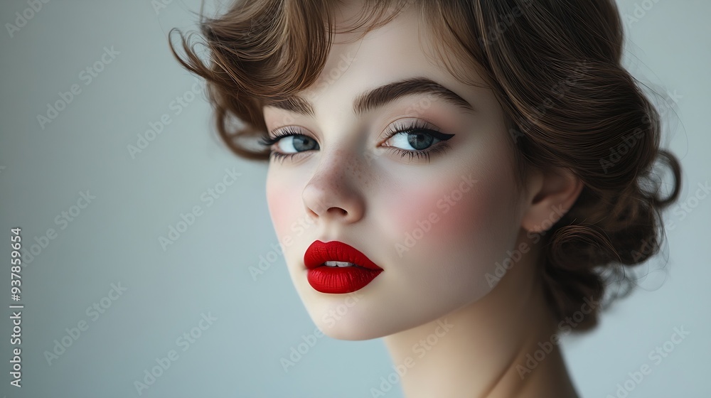 Fototapeta premium Feminine Elegance A Stunning Portrait of a Young Fashion Model with Red Lips and Retro Hairstyle Posing in a White Studio Background : Generative AI