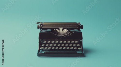 A forward-facing black vintage typewriter on a bright blue background, capturing the essence of classic technology and its impact on the art of writing. photo