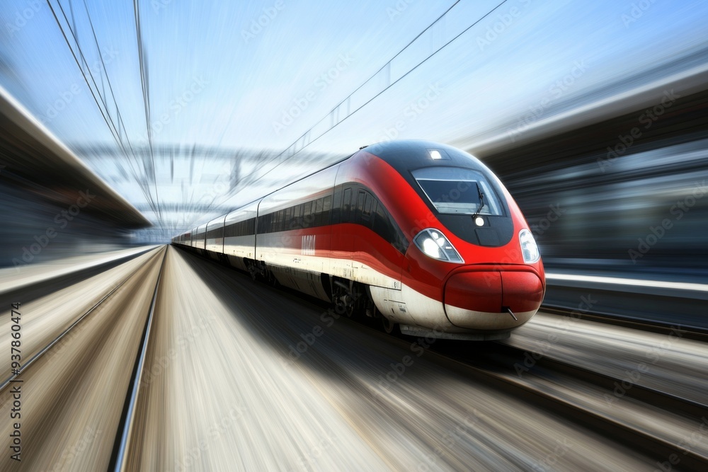 Fototapeta premium This image showcases a high-speed train in rapid motion, racing along the railway tracks, symbolizing modern transportation and technological advancements with a dynamic background.