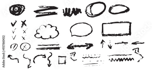 Vector black worn marker hand drawn collection set of lines, x marks, underline strokes, doodles and arrows. Decorative elements doodle set.