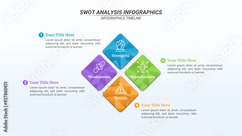 SWOT Analysis Infographic With 4 Steps and Editable Text for Business Presentations, Management, and Evaluation.