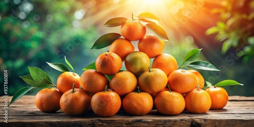 Vibrant orange fruits arranged in a pyramid on a rustic wooden table, surrounded by green leaves, with natural light casting warm shadows and highlights.