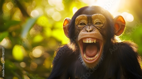 Cheerful chimpanzee laughing, close-up portrait, lush green jungle background, sunlit foliage, golden hour lighting, vibrant colors, wildlife photography.