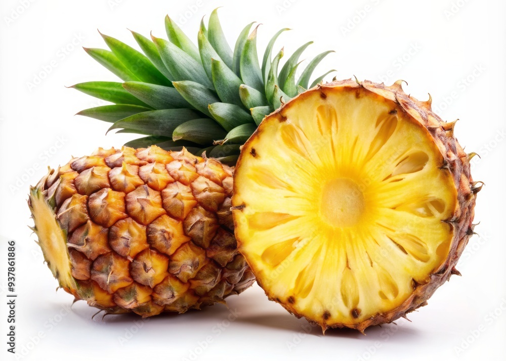 Freshly cut ripe pineapple halved and isolated on transparent background, showcasing juicy yellow flesh and prickly brown skin in high contrast. Freshly cut ripe pineapple halved and isolated on transparent background, showcasing juicy yellow flesh and prickly brown skin in high contrast.