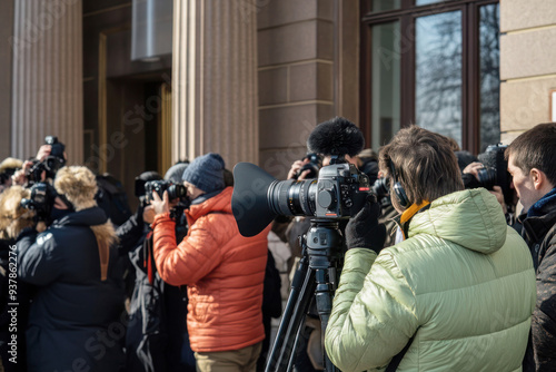 A dynamic scene of reporters and photographers outside a government building, capturing the essence of press freedom and the role of media in democracy on World Press Freedom Day
