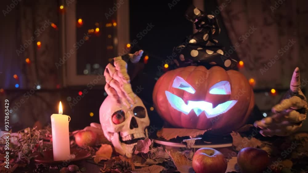 Jack o'lantern traditional carved pumpkin in with hat waves creepy skeleton hands inviting friends and guests to party holiday Halloween, near skull and candles in fog. Jack o'lantern traditional carved pumpkin in with hat waves creepy skeleton hands inviting friends and guests to party holiday Halloween, near skull and candles in fog.